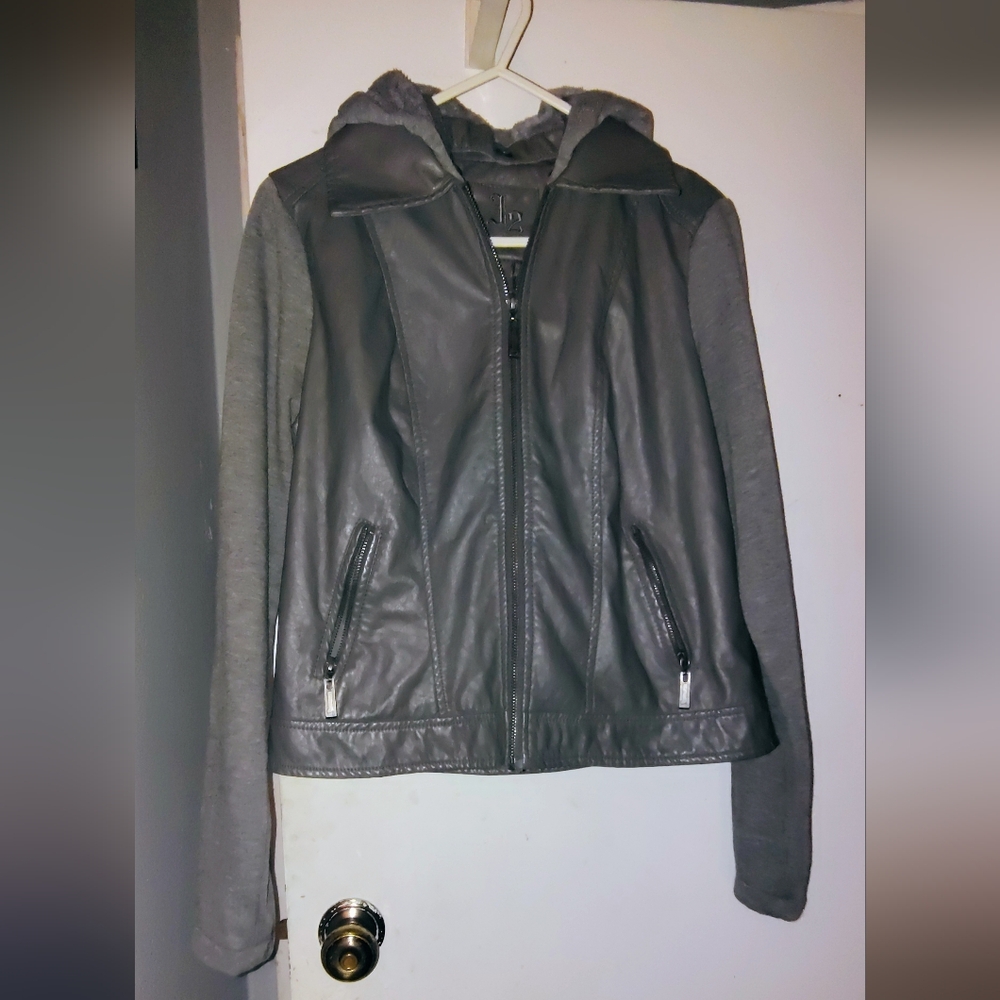 Gray Faux Leather and Knit Jacket